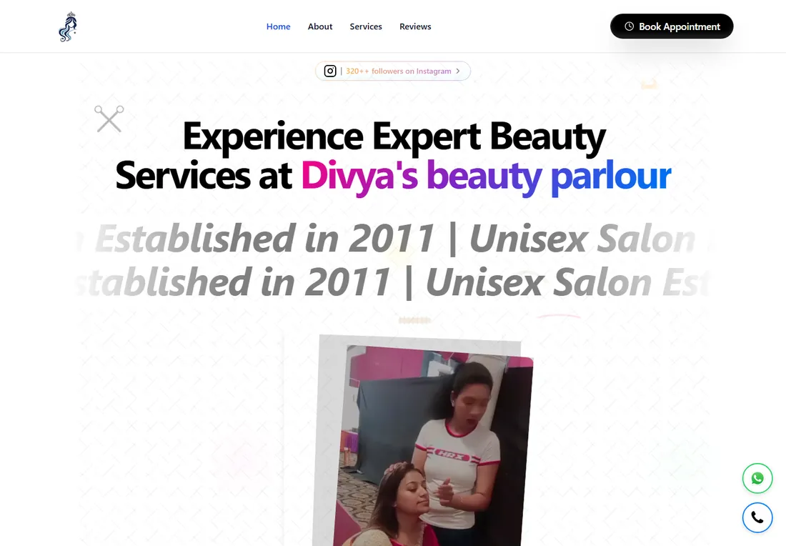Divya's Beauty Parlour website home page, built by Fodavin Technologies